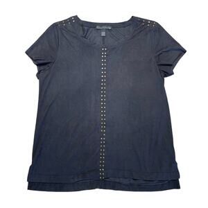 FRENCH LAUNDRY Black Faux Suede Short Sleeve Gold Accent Blouse Women’s Size L